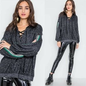 Homebody Gray Marled Striped Knit Hoodie Sweater